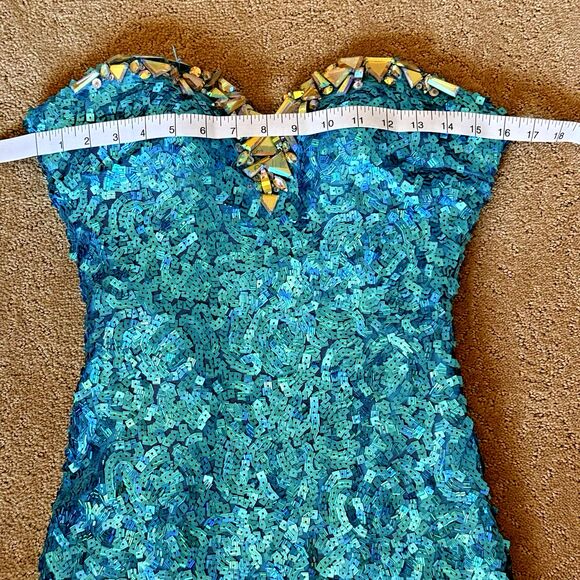 RJ CRUSH Long Mermaid PROM DRESS Aqua Blue Sequins Stones Stapless Tulle Sz 4 - Picture 5 of 15